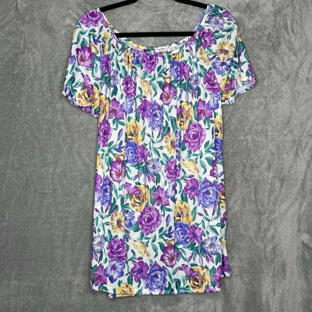 Improved Living 3X‎ Shirt Top Purple Floral Flower Short Sleeve Scoop Neck